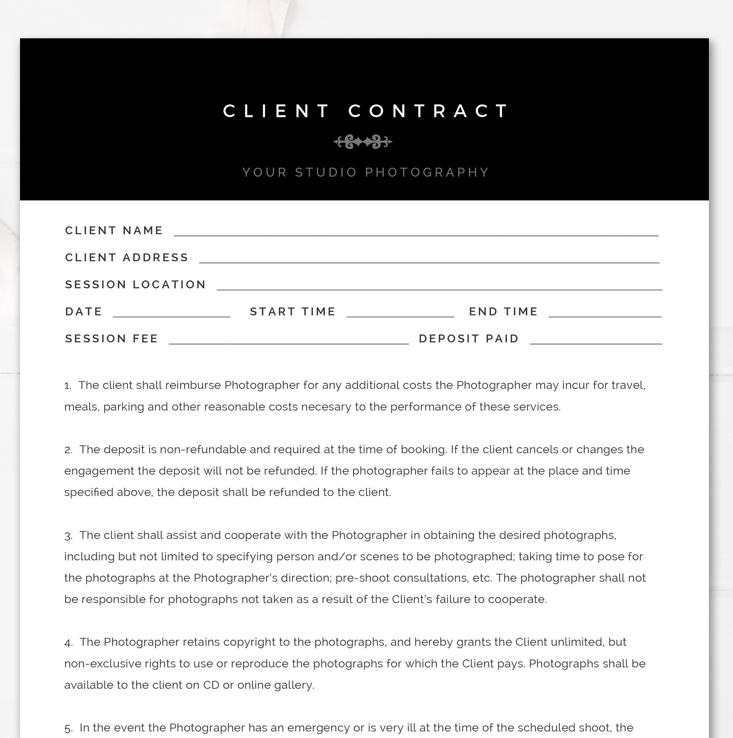 Modern Black & White Photography Client Contract, Session Contract  Template, Photoshop and MS Word Template, INSTANT DOWNLOAD! Throughout Photography Deposit Contract Template Regarding Photography Deposit Contract Template