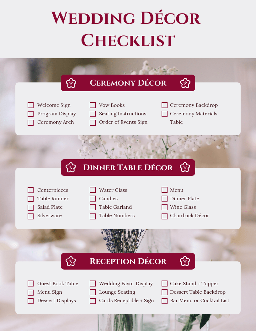 Monarch Wedding Decor Checklist Template Intended For Wedding Decoration Checklist Template