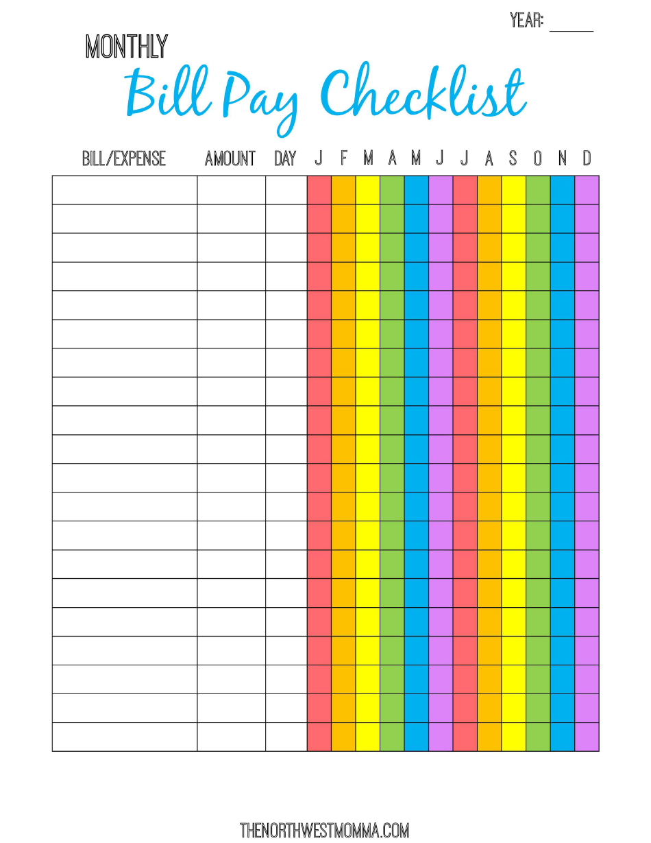 Multicolor Monthly Bill Payment Checklist Template Download  Inside Payment Checklist Template