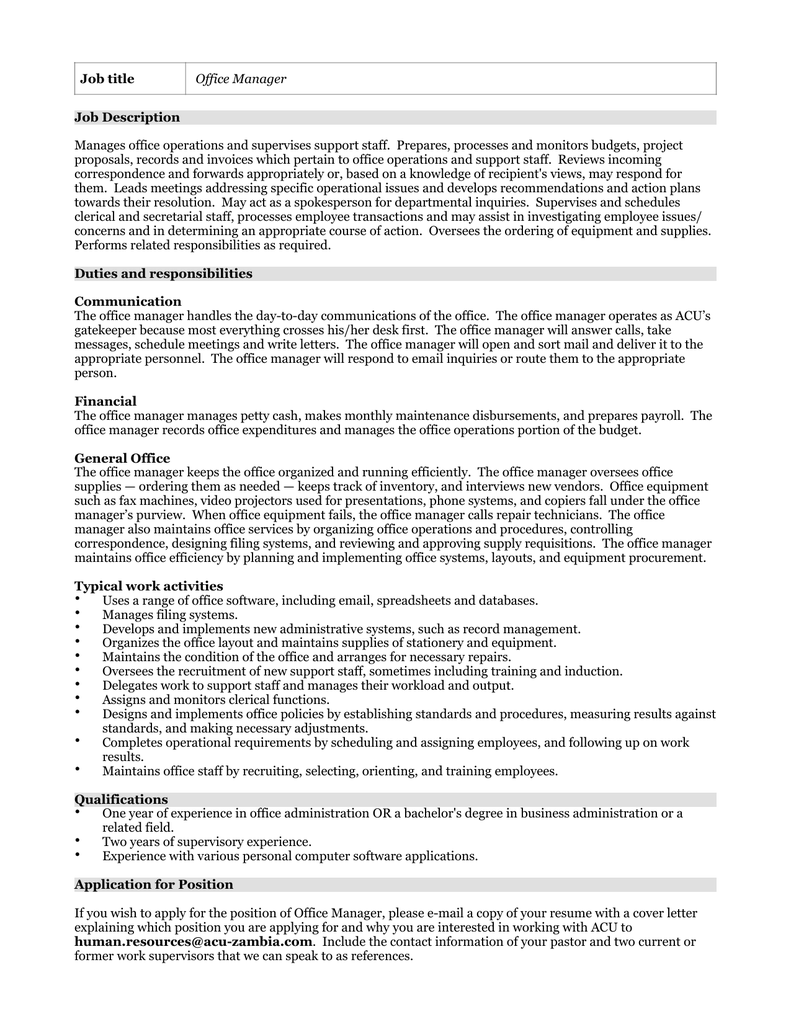 Office Manager Job Description Rev10
