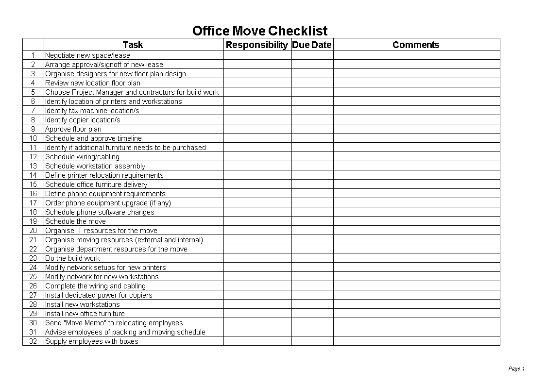 Office Move Checklist Excel  Templates At Allbusinesstemplates