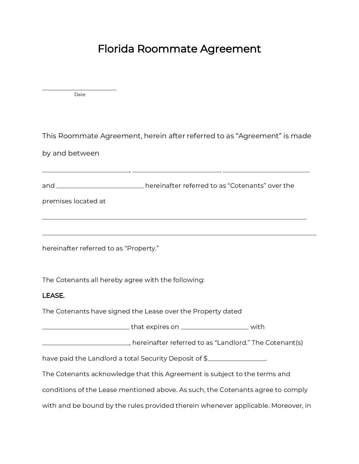 OFFICIAL Florida Room Rental Agreement: Roommate Form [10]  PDF Inside Security Deposit Agreement Between Roommates Pertaining To Security Deposit Agreement Between Roommates