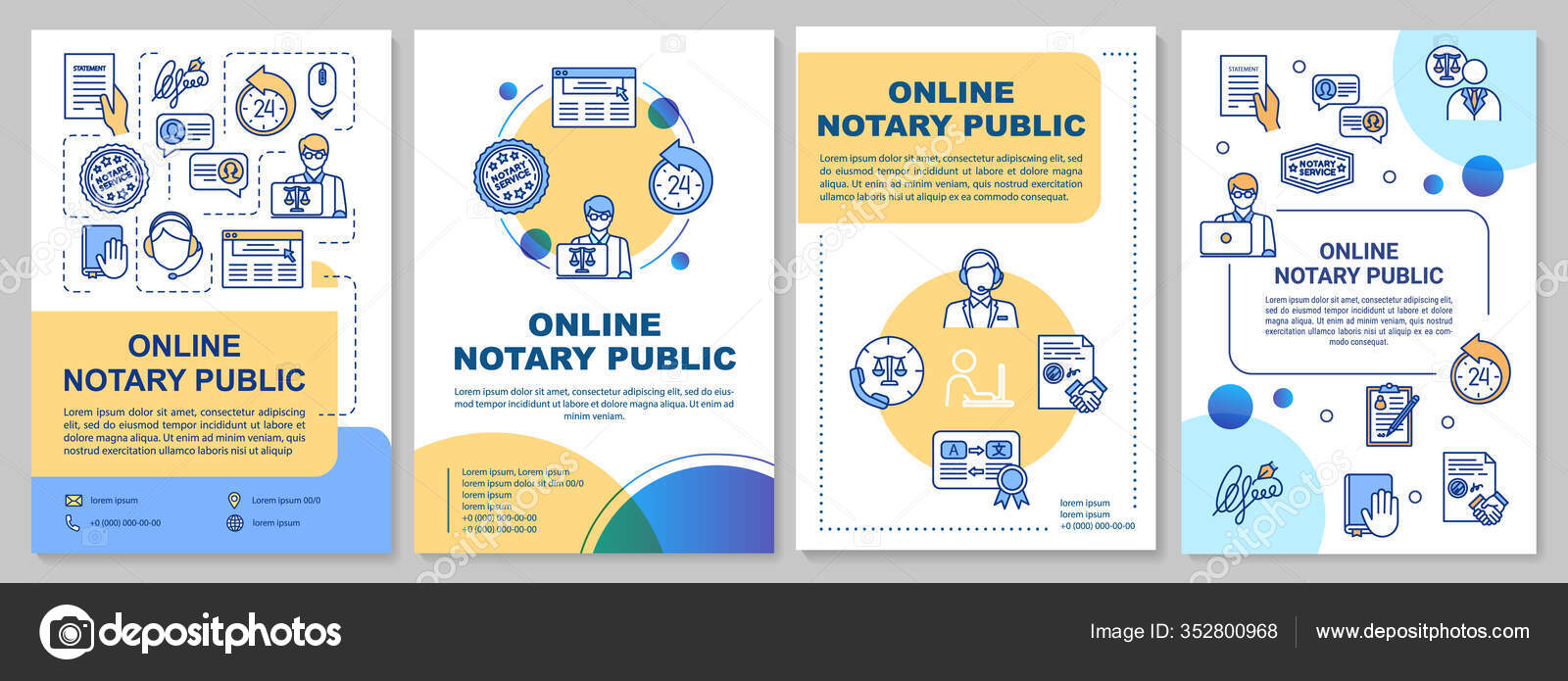 Online notary public brochure template. Professional legal consultation.  Flyer, booklet, leaflet print, cover design with linear icons Within Notary Public Flyer Template