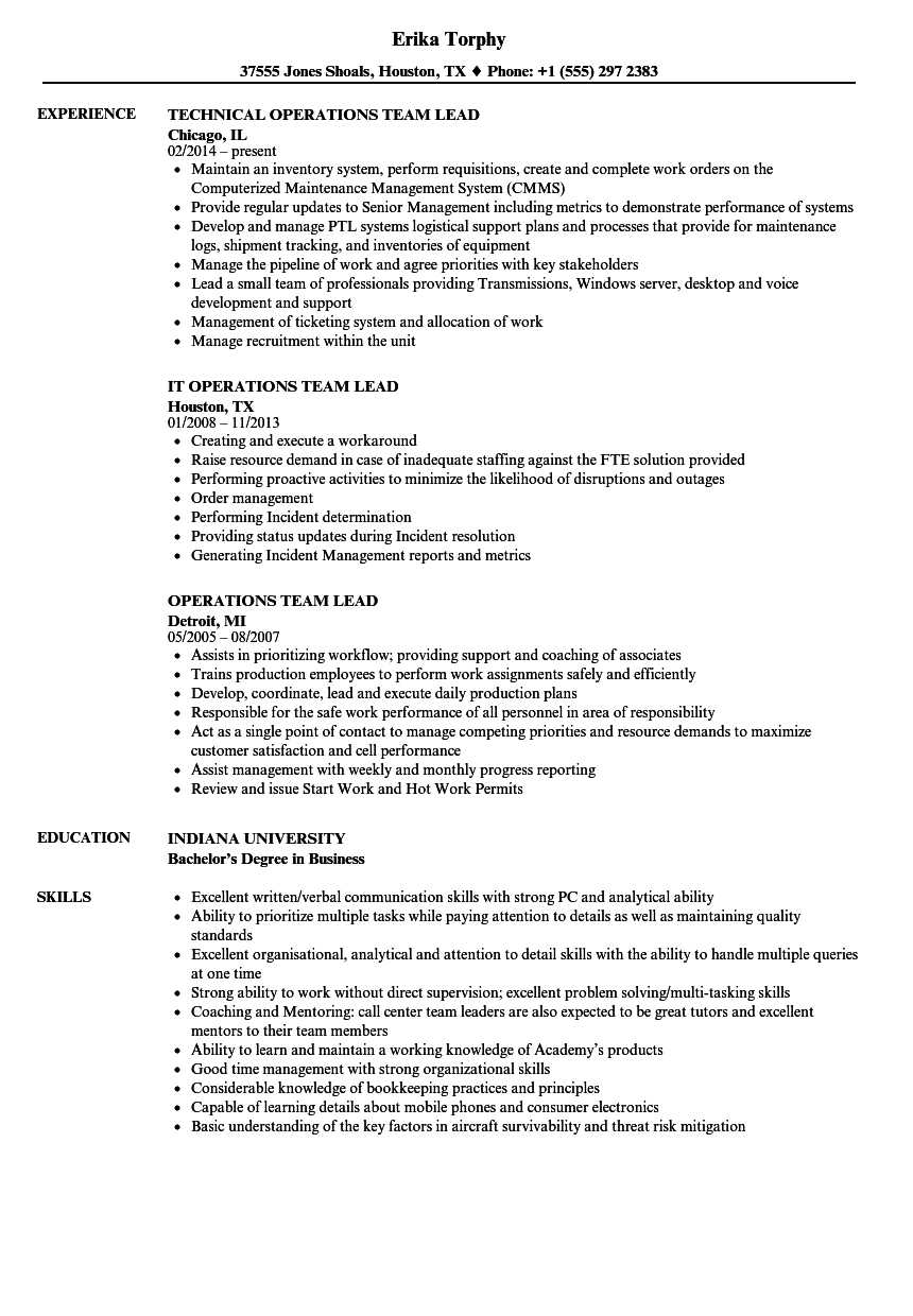 Operations Team Lead Resume Samples  Velvet Jobs Intended For Team Leader Job Description Template