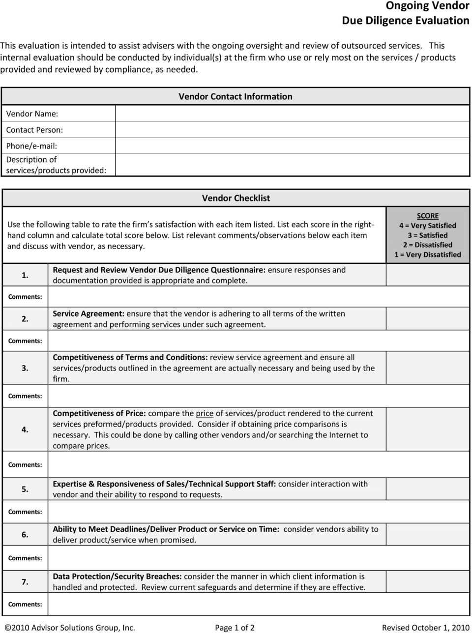 OUTSOURCING DUE DILIGENCE FORM - PDF Free Download Regarding Vendor Due Diligence Checklist Template For Vendor Due Diligence Checklist Template