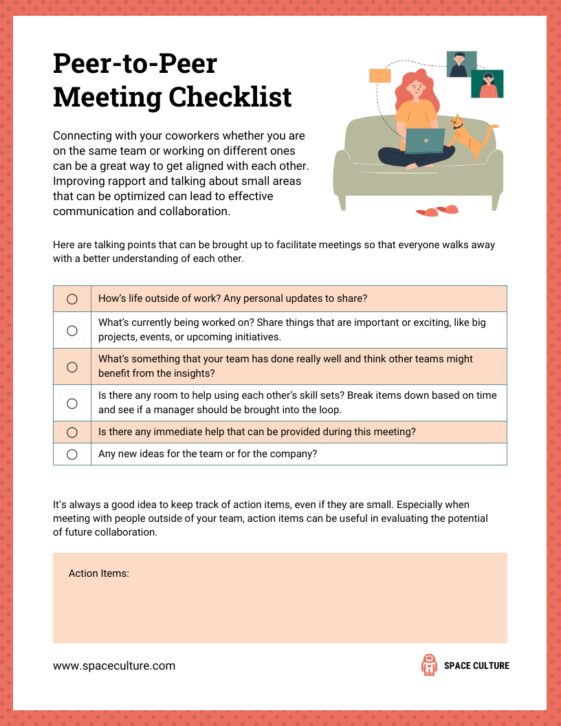 Peer-to-Peer Meeting Workplace Checklist Template In Meeting Room Checklist Template With Meeting Room Checklist Template