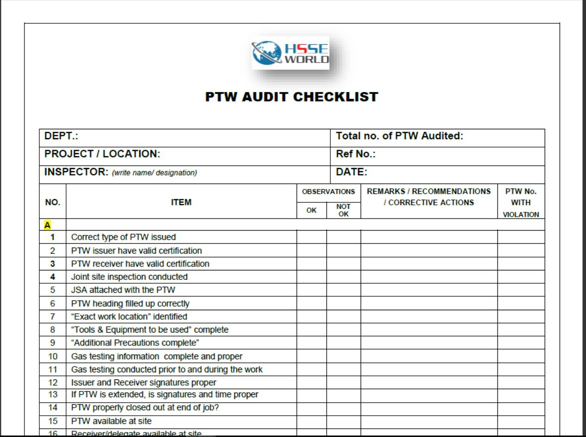 Permit To Work (PTW ) AUDIT CHECKLIST Within Environmental Audit Checklist Template