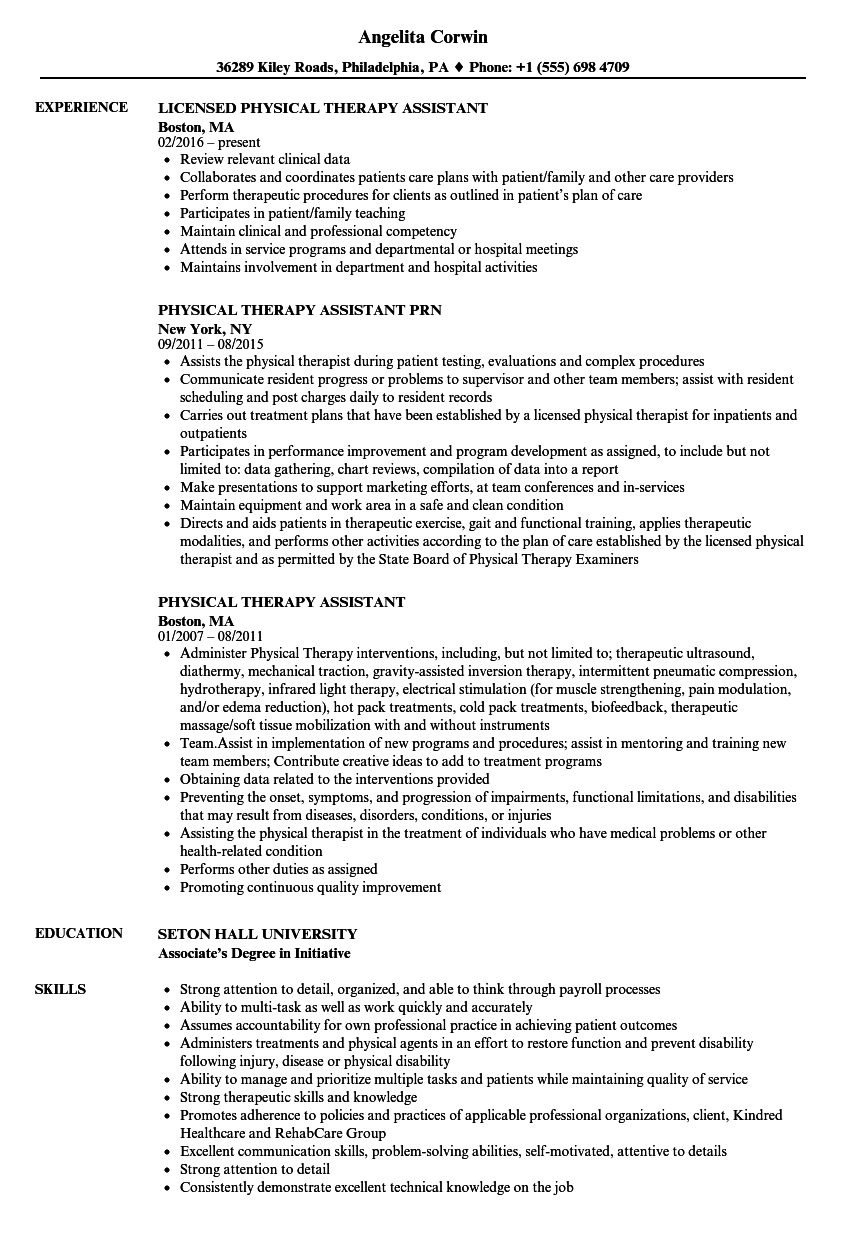 Physical Therapy Assistant Resume Samples  Velvet Jobs Pertaining To Physical Therapist Job Description Template