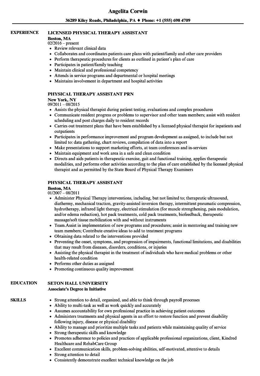 Physical Therapy Assistant Resume Samples  Velvet Jobs Pertaining To Physical Therapist Job Description Template