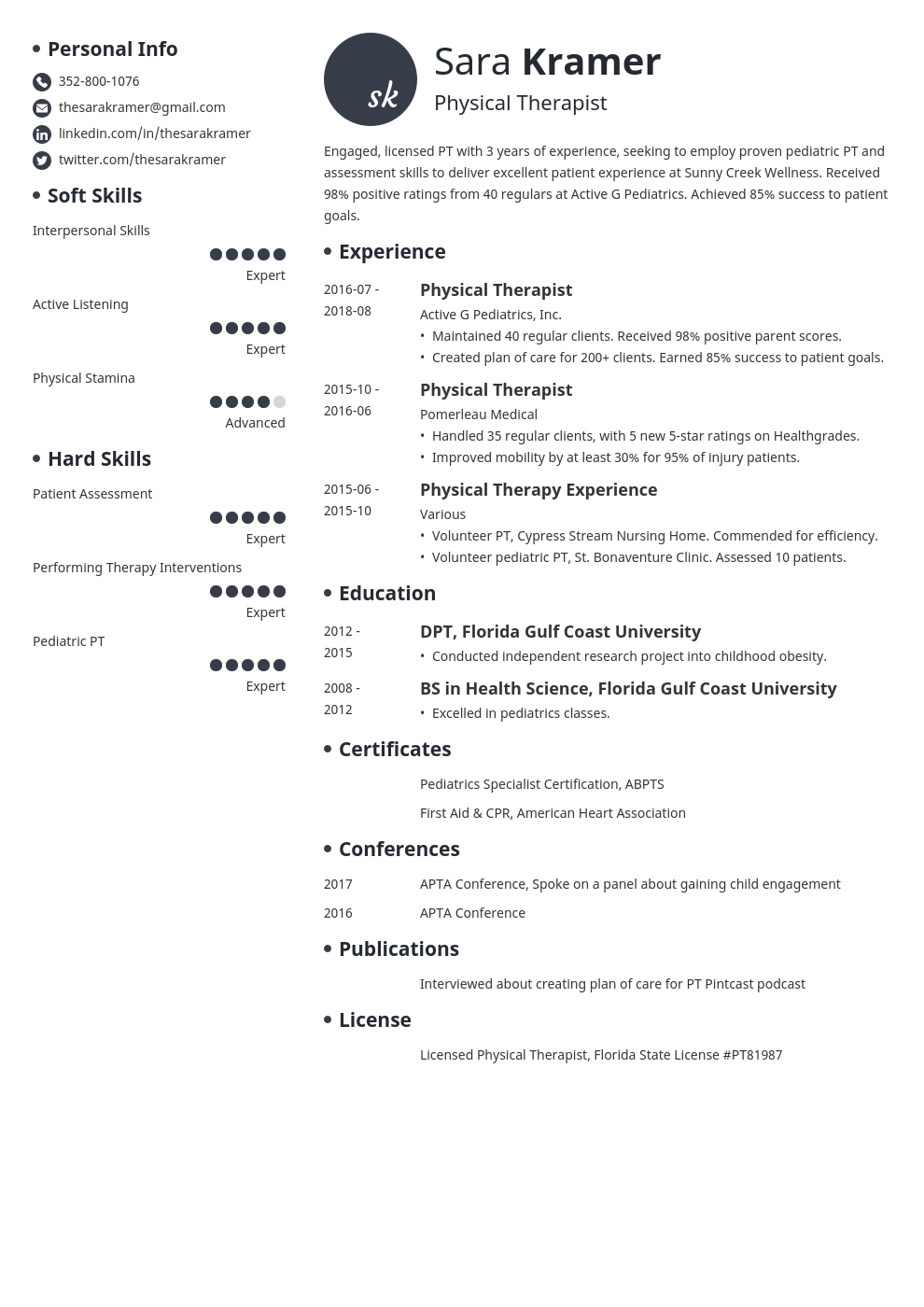 Physical Therapy (PTA) Resume Examples [+Template] Pertaining To Physical Therapist Job Description Template
