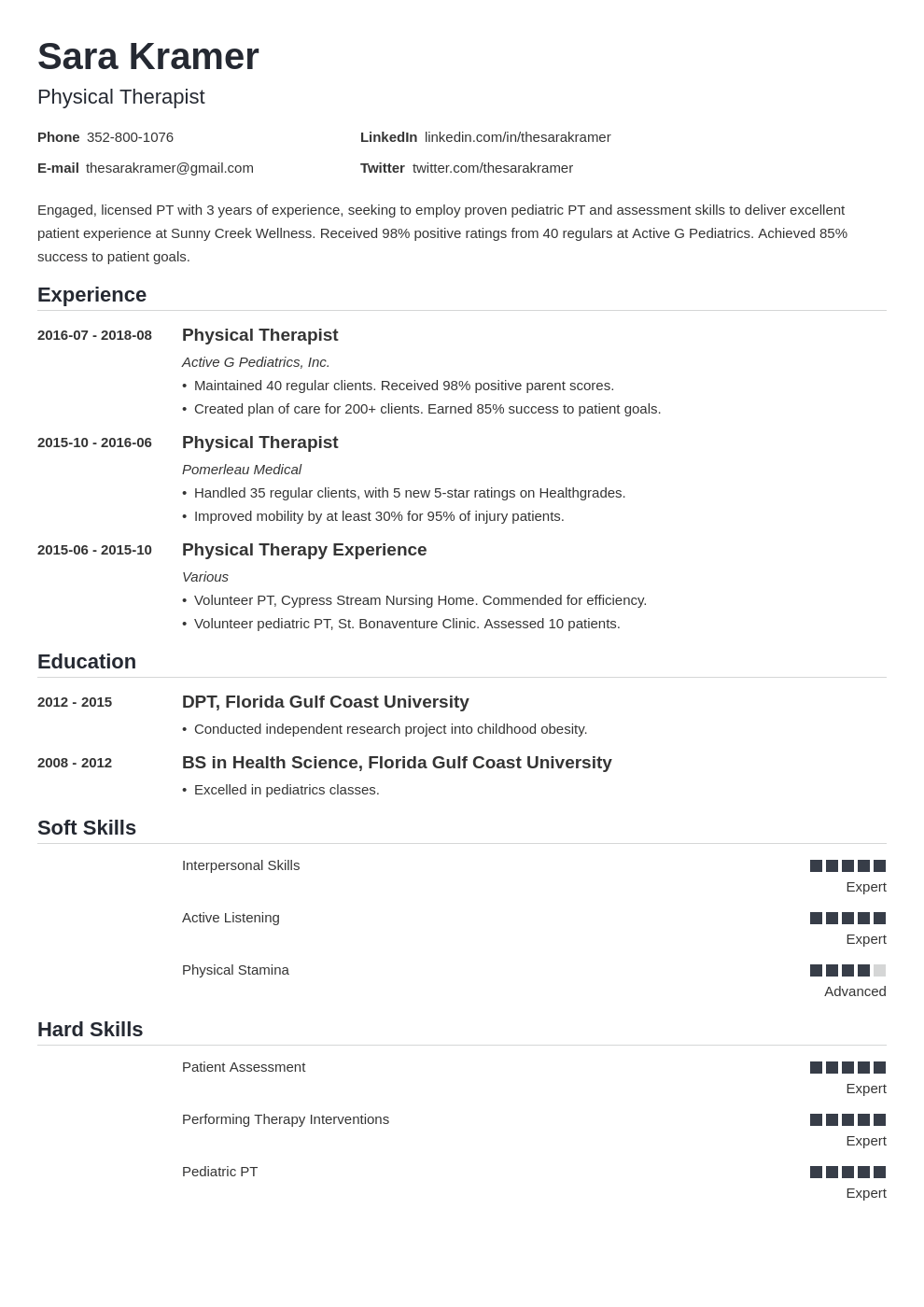 Physical Therapy (PTA) Resume Examples [+Template] Throughout Physical Therapist Job Description Template