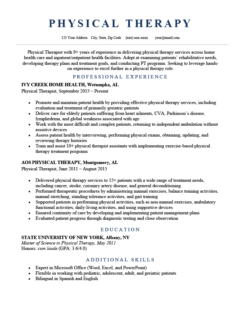 Physical Therapy Resume: Example & Writing Tips Within Physical Therapist Job Description Template