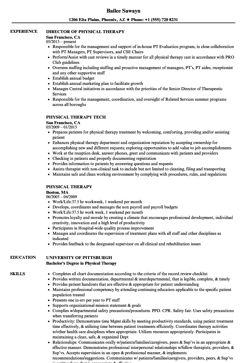 Physical Therapy Resume Samples  Velvet Jobs With Physical Therapist Job Description Template