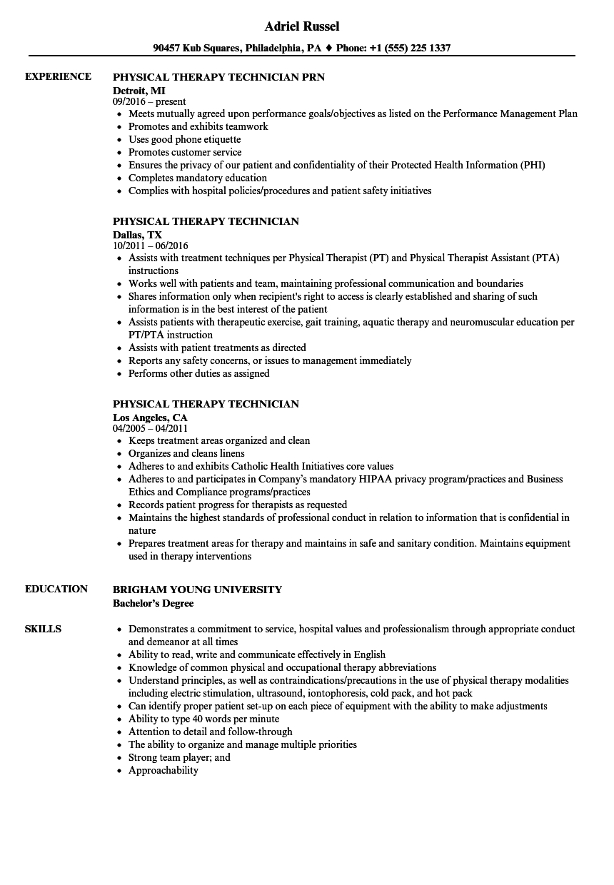 Physical Therapy Technician Resume Samples  Velvet Jobs Intended For Physical Therapist Job Description Template