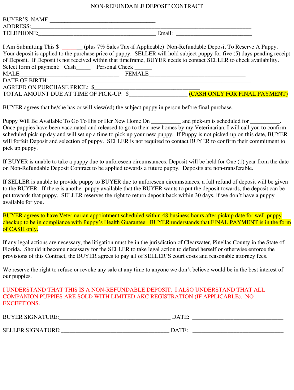 Pinellas County, Florida Non-refundable Puppy Deposit Contract  Throughout Non Refundable Deposit Agreement Template In Non Refundable Deposit Agreement Template