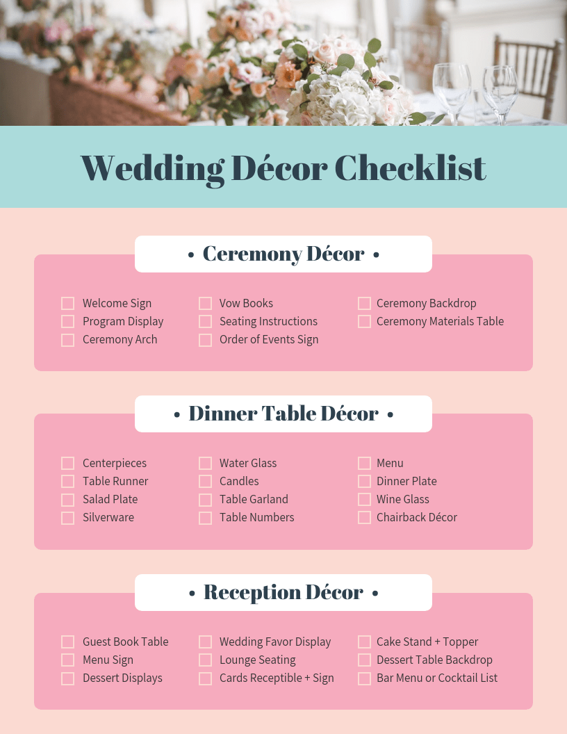 Pink Wedding Decor Checklist Template Within Wedding Decoration Checklist Template