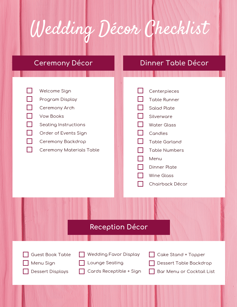 Pink Wood Wedding Decor Checklist Template For Wedding Decoration Checklist Template In Wedding Decoration Checklist Template
