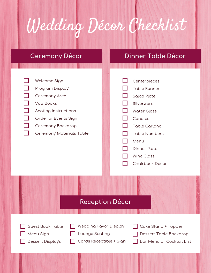 Pink Wood Wedding Decor Checklist Template For Wedding Decoration Checklist Template