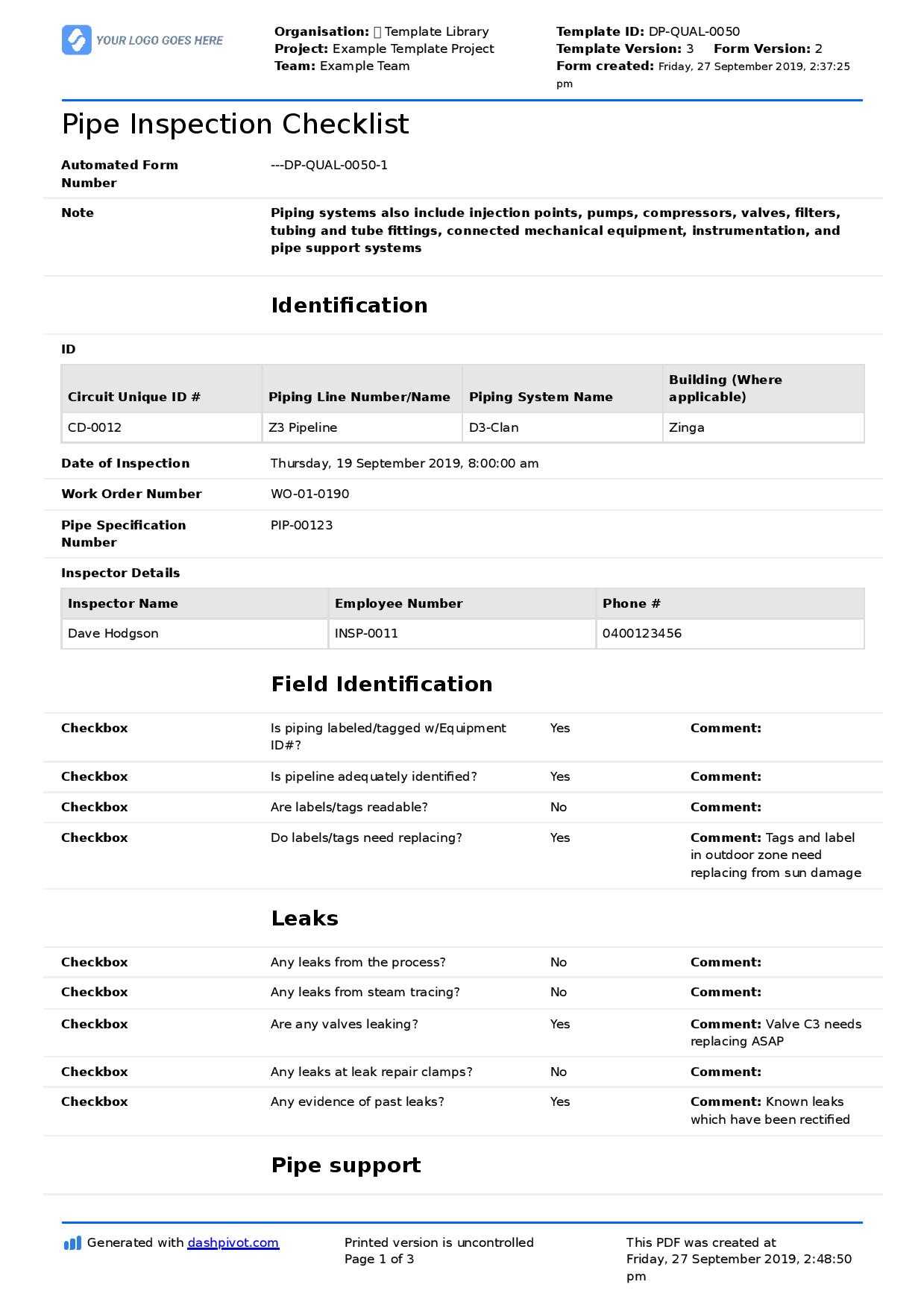 Pipe Inspection Checklist (Free checklist and report form) Regarding Plumbing Checklist Template With Plumbing Checklist Template