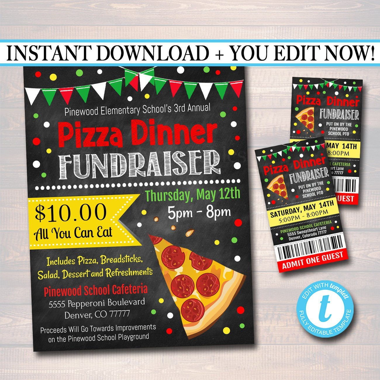 Pizza Dinner Fundraiser Flyer Ticket Set - Editable Template  With Pizza Fundraiser Flyer Template With Regard To Pizza Fundraiser Flyer Template