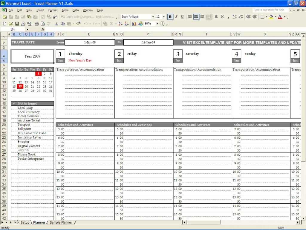 Planner Travel Template Excel Calendar Trip Pertaining To Leisure Travel Itinerary Template