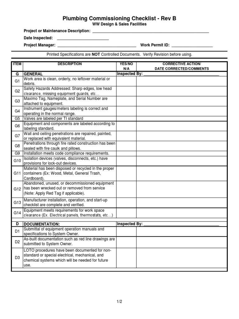 Plumbing Commissioning Checklist  Plumbing  Pipe (Fluid Conveyance) Regarding Plumbing Checklist Template Within Plumbing Checklist Template