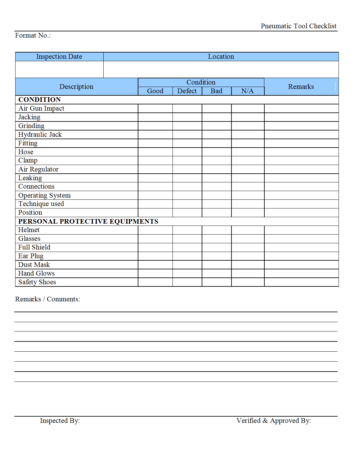 Pneumatic Tool Checklist Throughout Mechanic Checklist Template