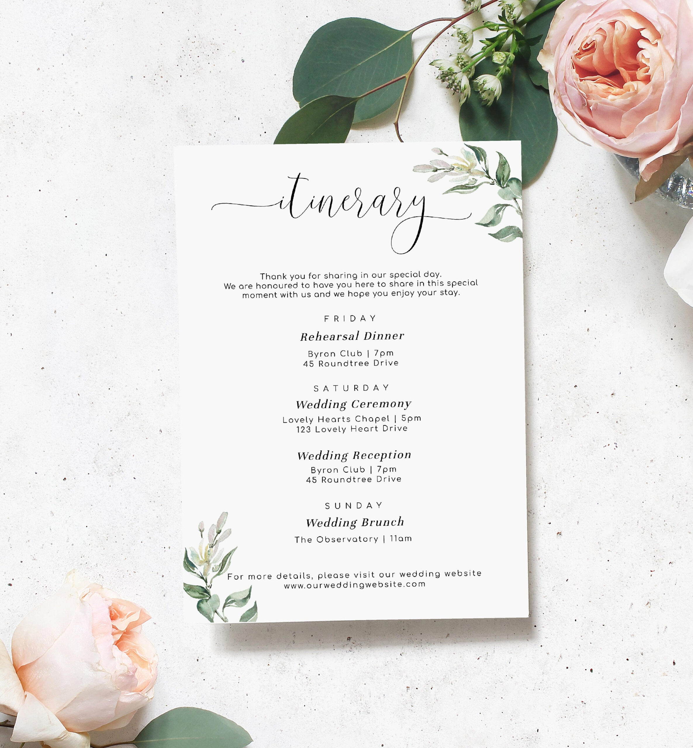 Printable Greenery Itinerary Template - Bachelorette Weekend Itinerary -  Wedding Weekend Itinerary - Bridal Shower Itinerary Template Throughout Bridal Shower Itinerary Template For Bridal Shower Itinerary Template