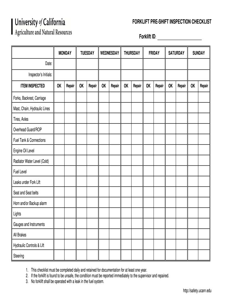 Printable Osha Daily Forklift Inspection Checklist Pdf – Fill Online,  Printable, Fillable, Blank  PdfFiller Throughout Forklift Safety Checklist Template