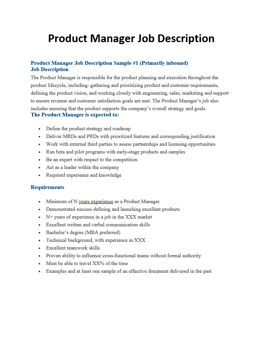 Product Manager Job Description Sample