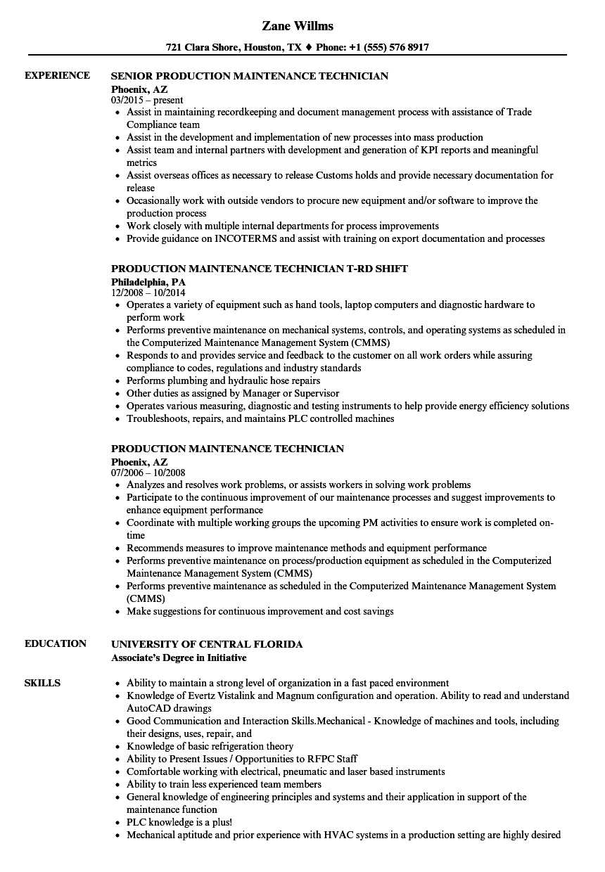 Production Maintenance Technician Resume Samples  Velvet Jobs Intended For Maintenance Technician Job Description Template Pertaining To Maintenance Technician Job Description Template