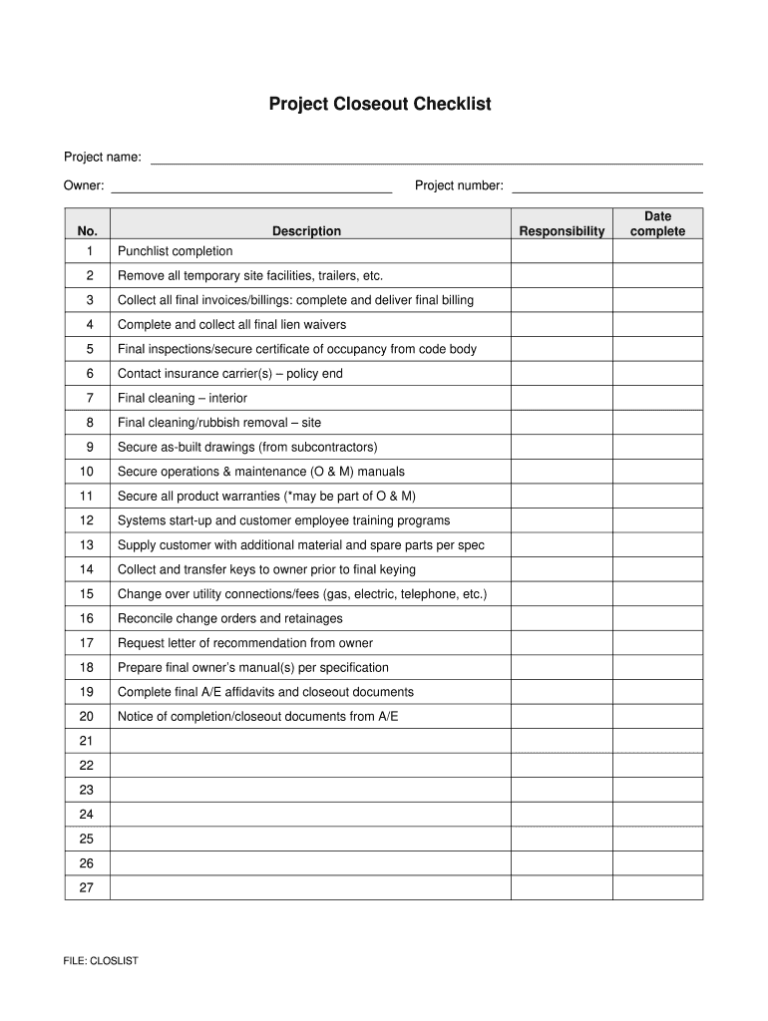 Project Closeout Checklist Pdf – Fill Online, Printable, Fillable ...