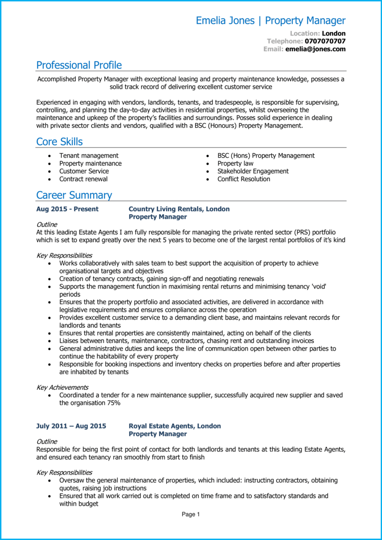 Property manager CV example + guide [Land a top job] With Regard To Property Manager Job Description Template Regarding Property Manager Job Description Template