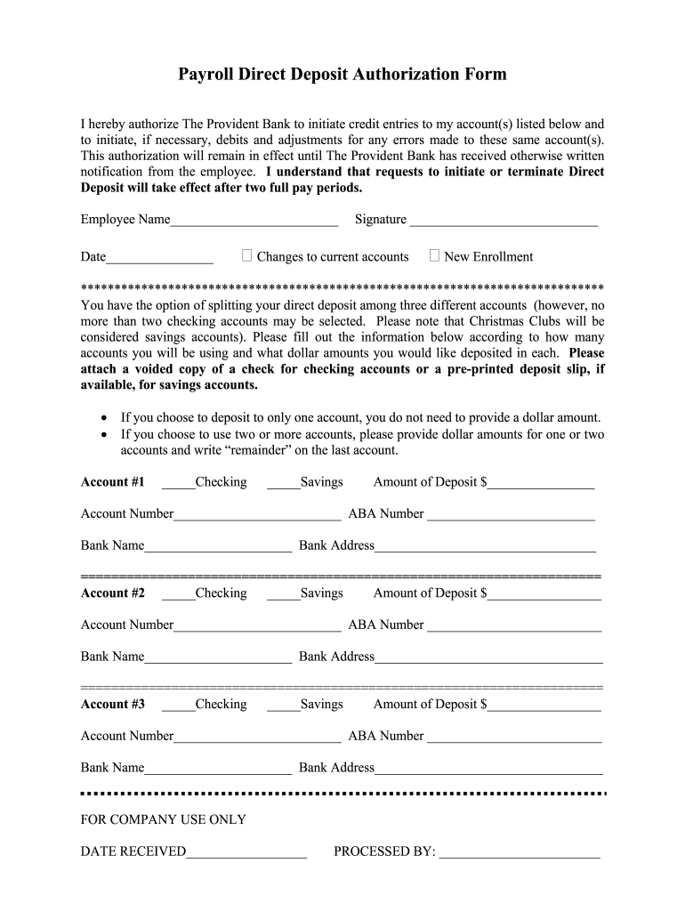 Provident Bank Payroll Direct Deposit Authorization Form - Fill  Pertaining To Payroll Direct Deposit Authorization Form Template Inside Payroll Direct Deposit Authorization Form Template