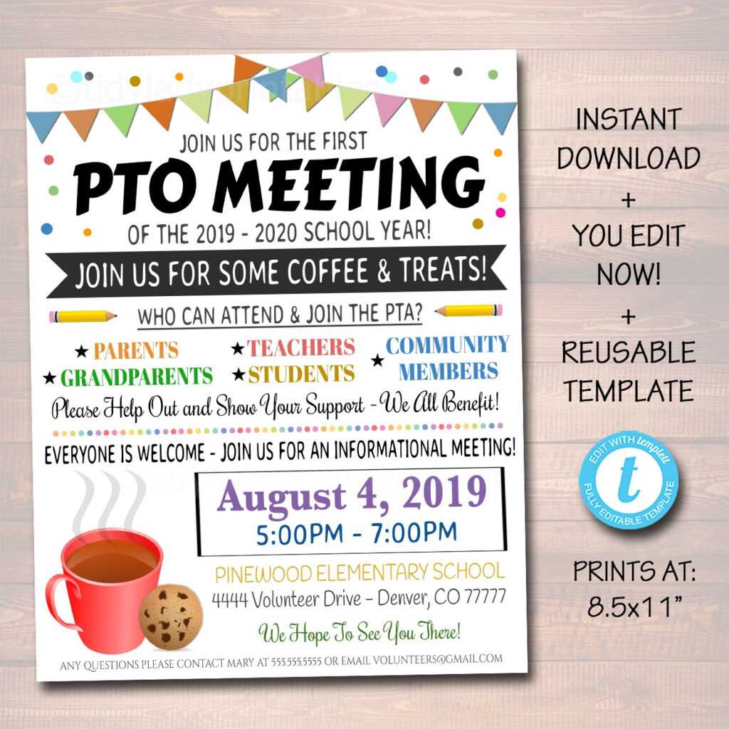 PTO PTA Meeting Event Flyer Editable Template Pertaining To Staff 