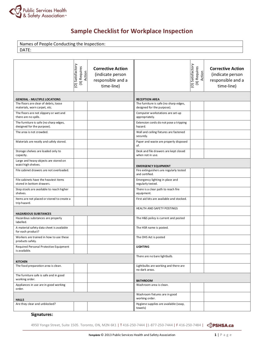 Public Services Health and Safety Association  Sample Workplace  Inside Safety Inspection Checklist Template Throughout Safety Inspection Checklist Template