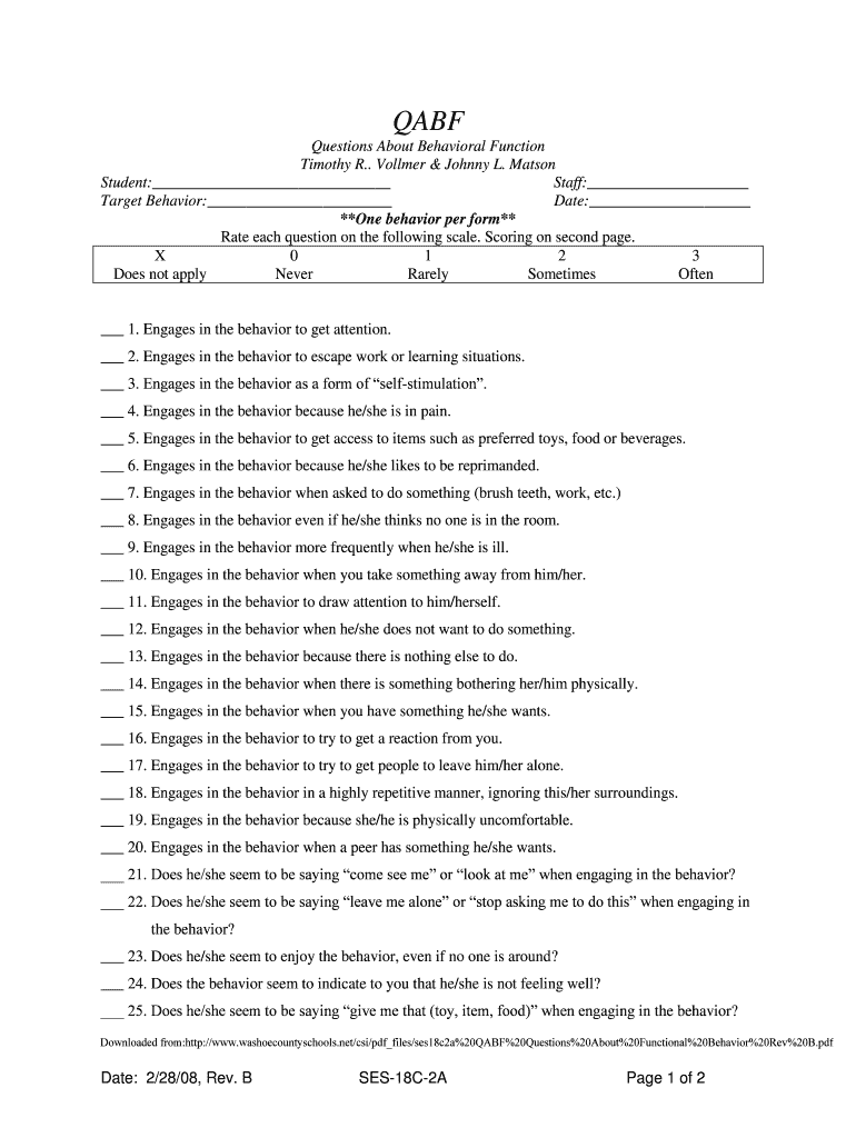 Qabf – Fill Online, Printable, Fillable, Blank  PdfFiller With Regard To Functional Behavior Assessment Checklist Template