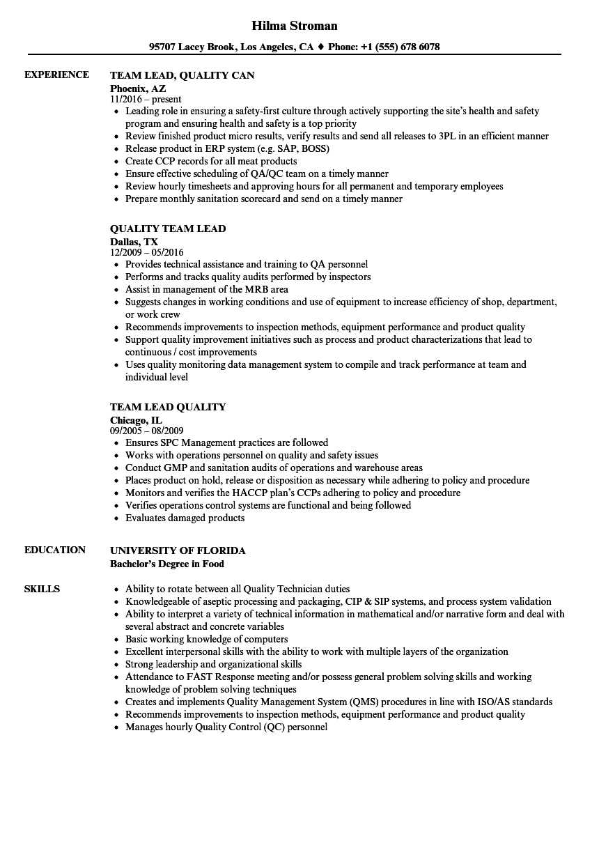 Quality Team Lead Resume Samples  Velvet Jobs With Regard To Team Leader Job Description Template