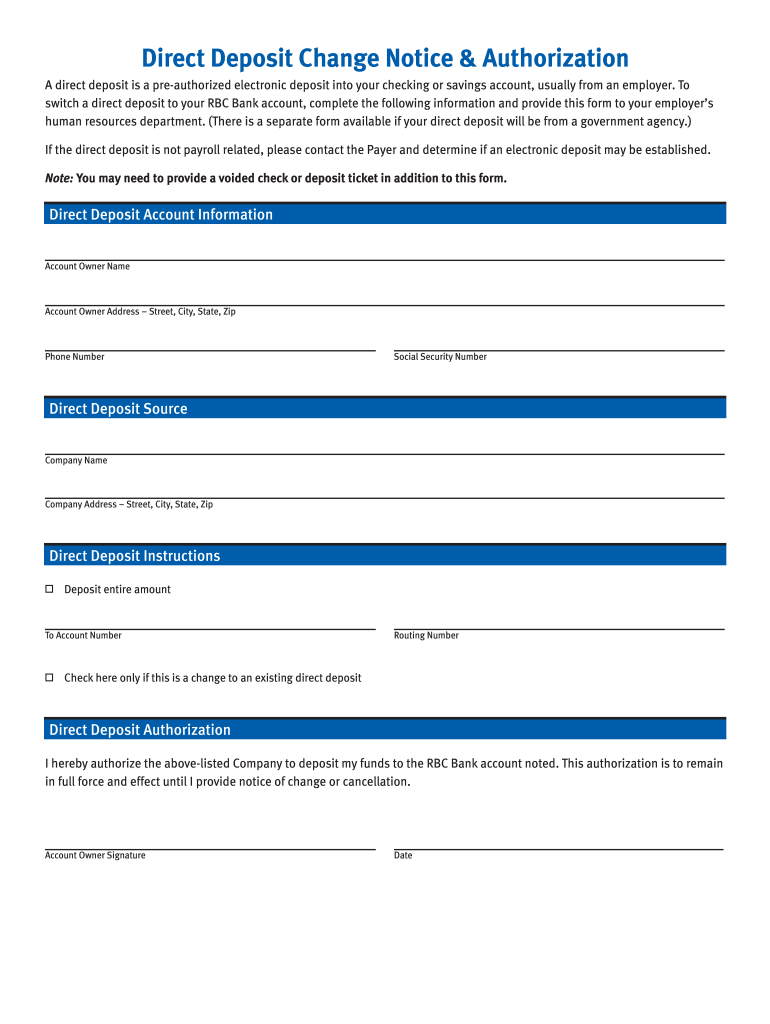 RBC Bank Direct Deposit Change Notice & Authorization - Fill and  For Social Security Administration Direct Deposit Change Form With Social Security Administration Direct Deposit Change Form