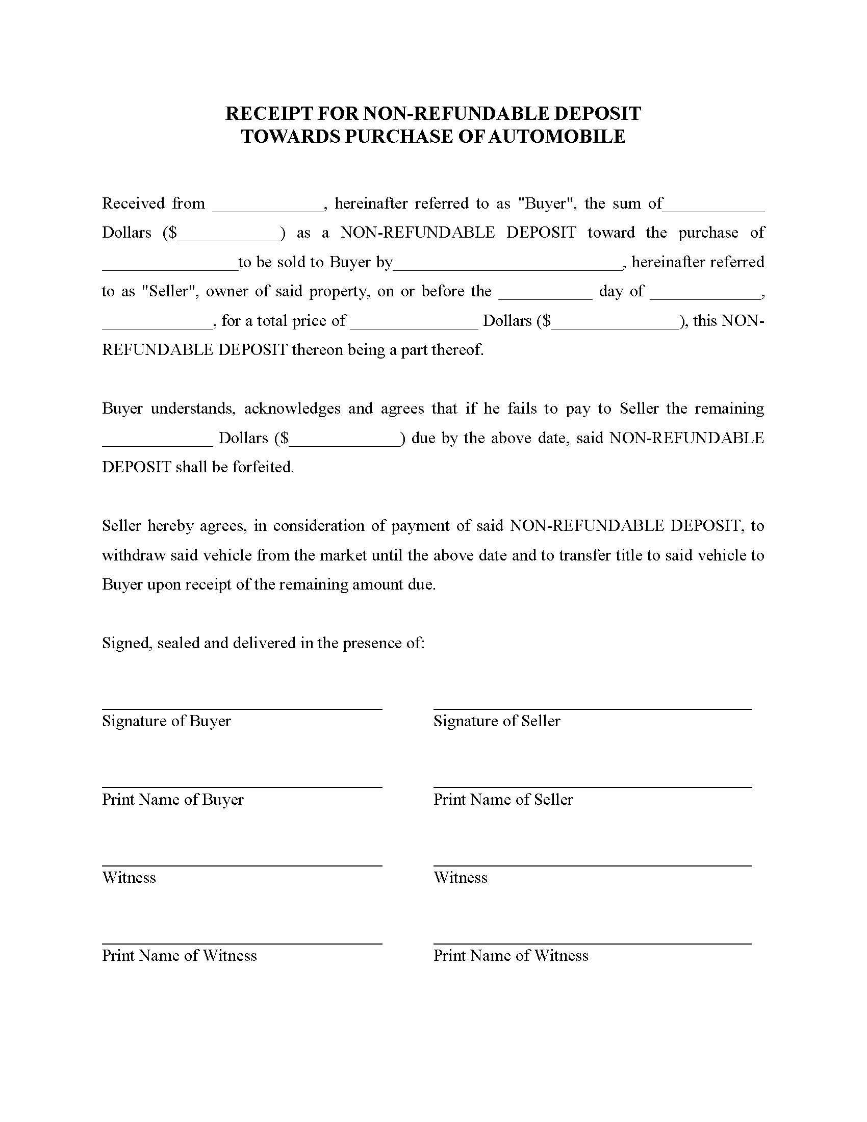 Receipt for Deposit on Purchase of Vehicle  Legal Forms and  Throughout Vehicle Deposit Agreement Form Pertaining To Vehicle Deposit Agreement Form