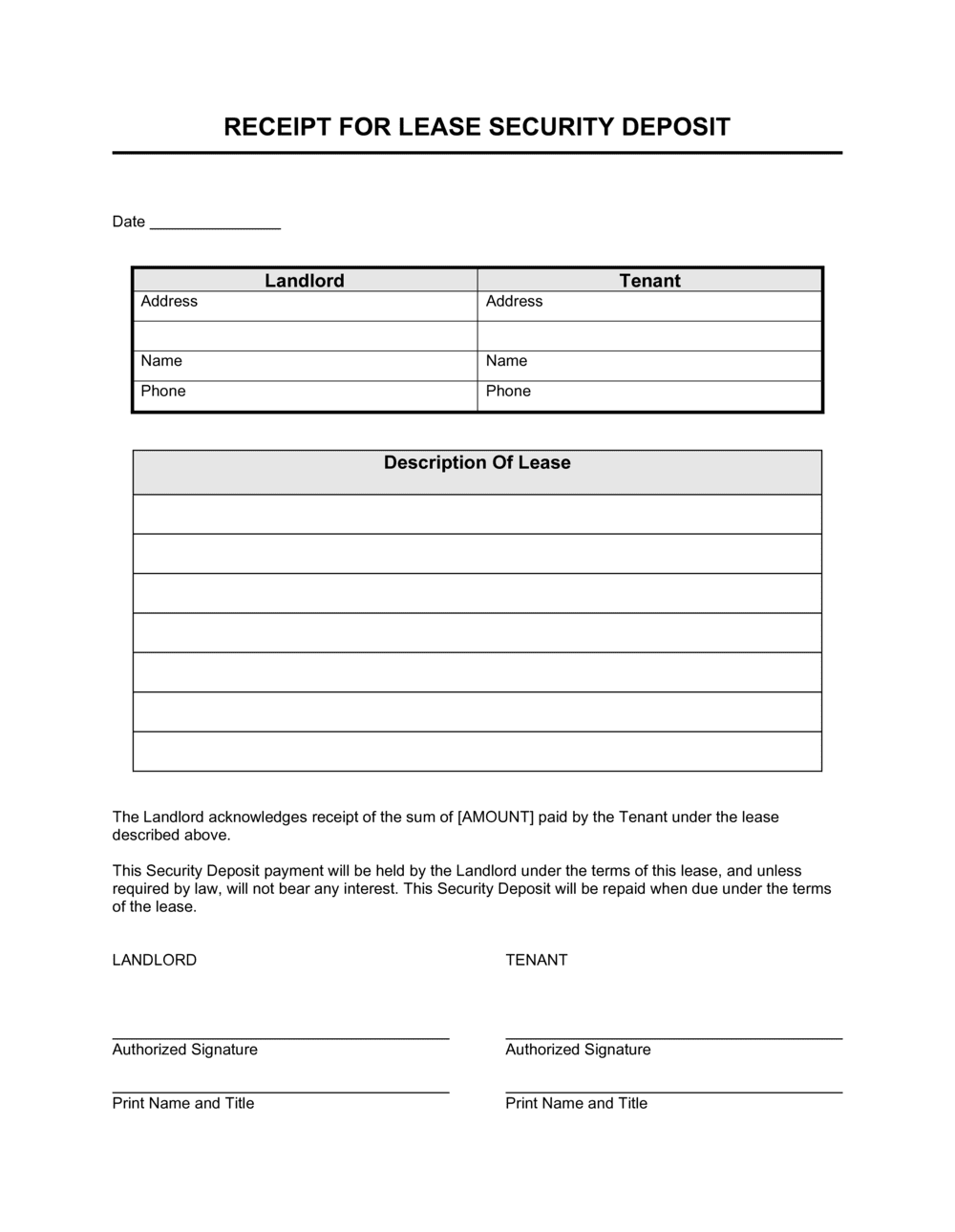 Receipt for Lease Security Deposit Template  by Business-in-a-Box™ Regarding Security Deposit Agreement Letter In Security Deposit Agreement Letter