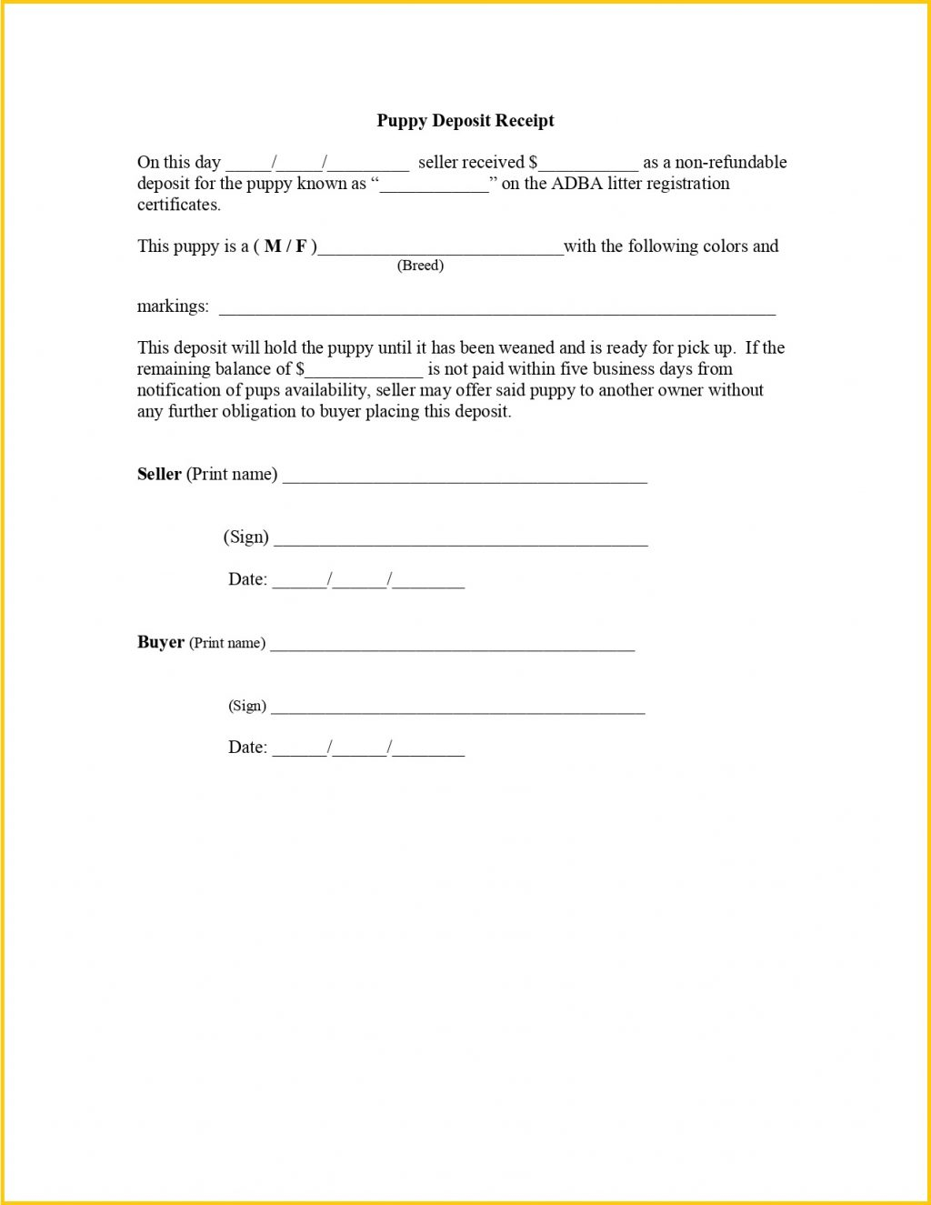 Refundable Deposit Agreement Example With Puppy Deposit Contract Template