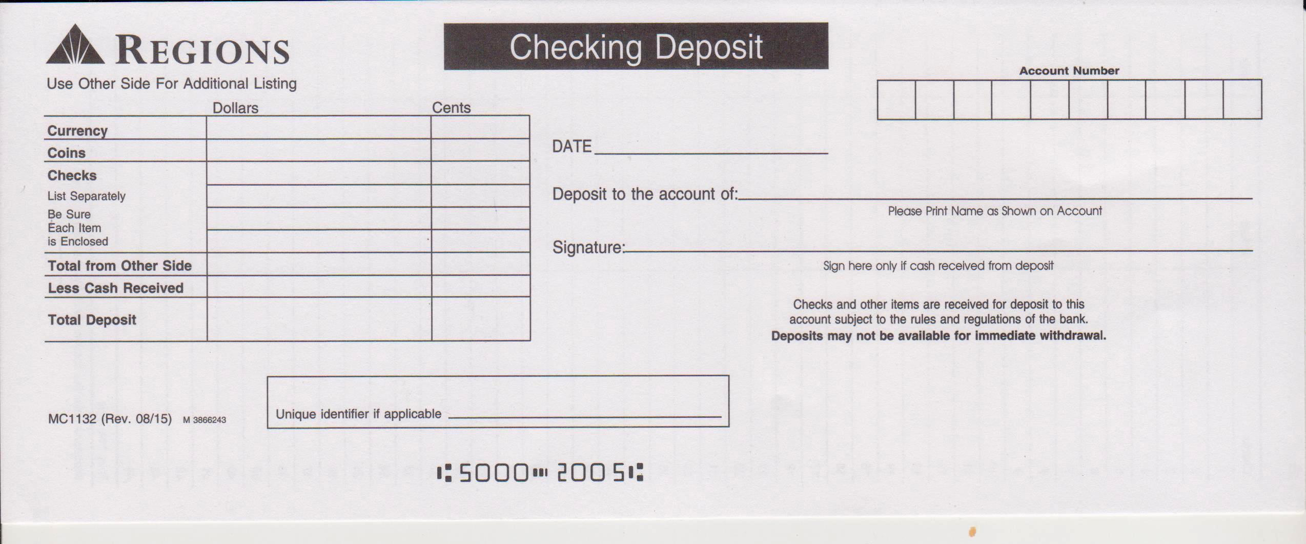Regions Bank Deposit Slip - Free Printable Template - CheckDeposit With Regard To Bank Deposit Slips Template