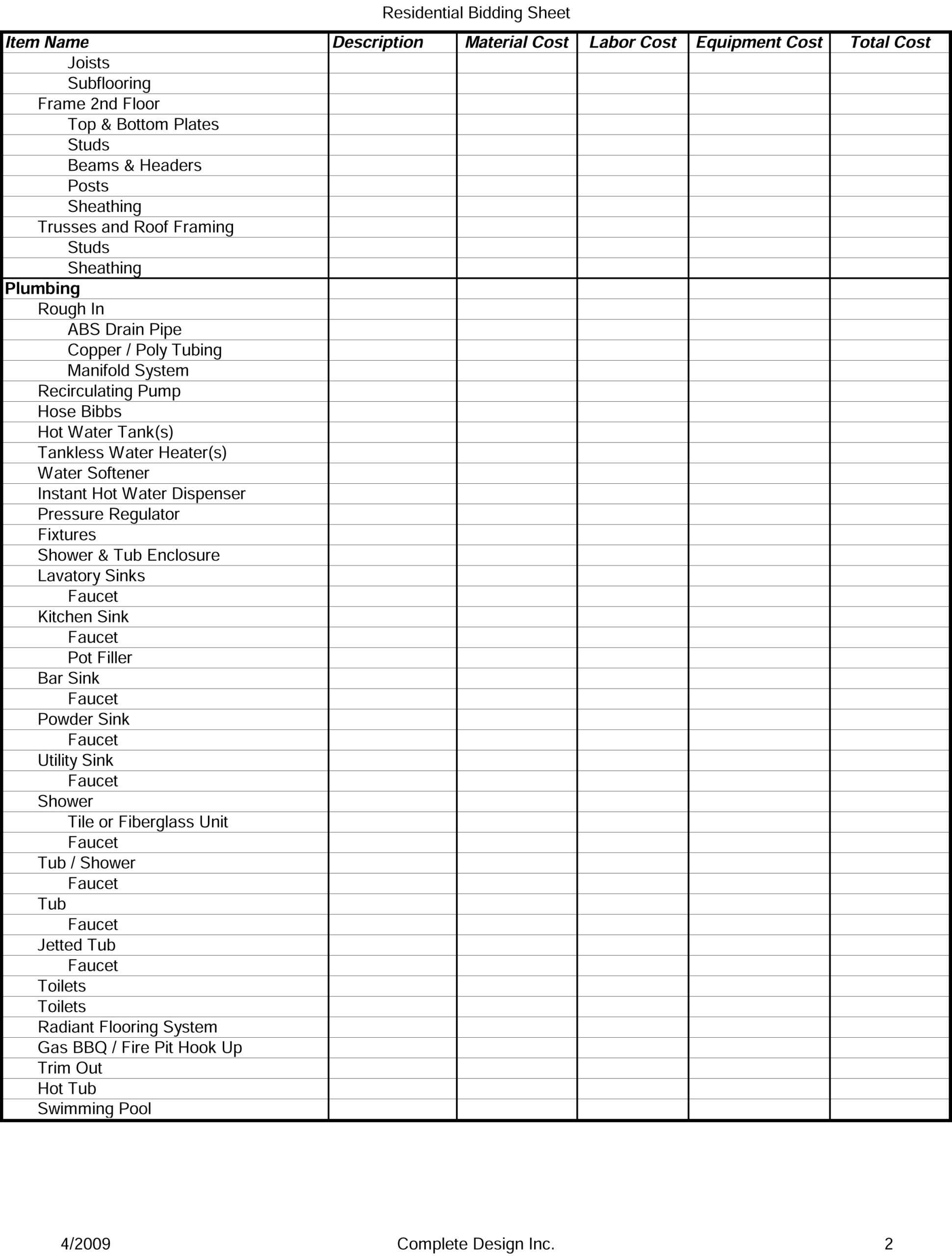 Residential Bidding Sheet Detailed With Construction Bid Checklist Template Inside Construction Bid Checklist Template