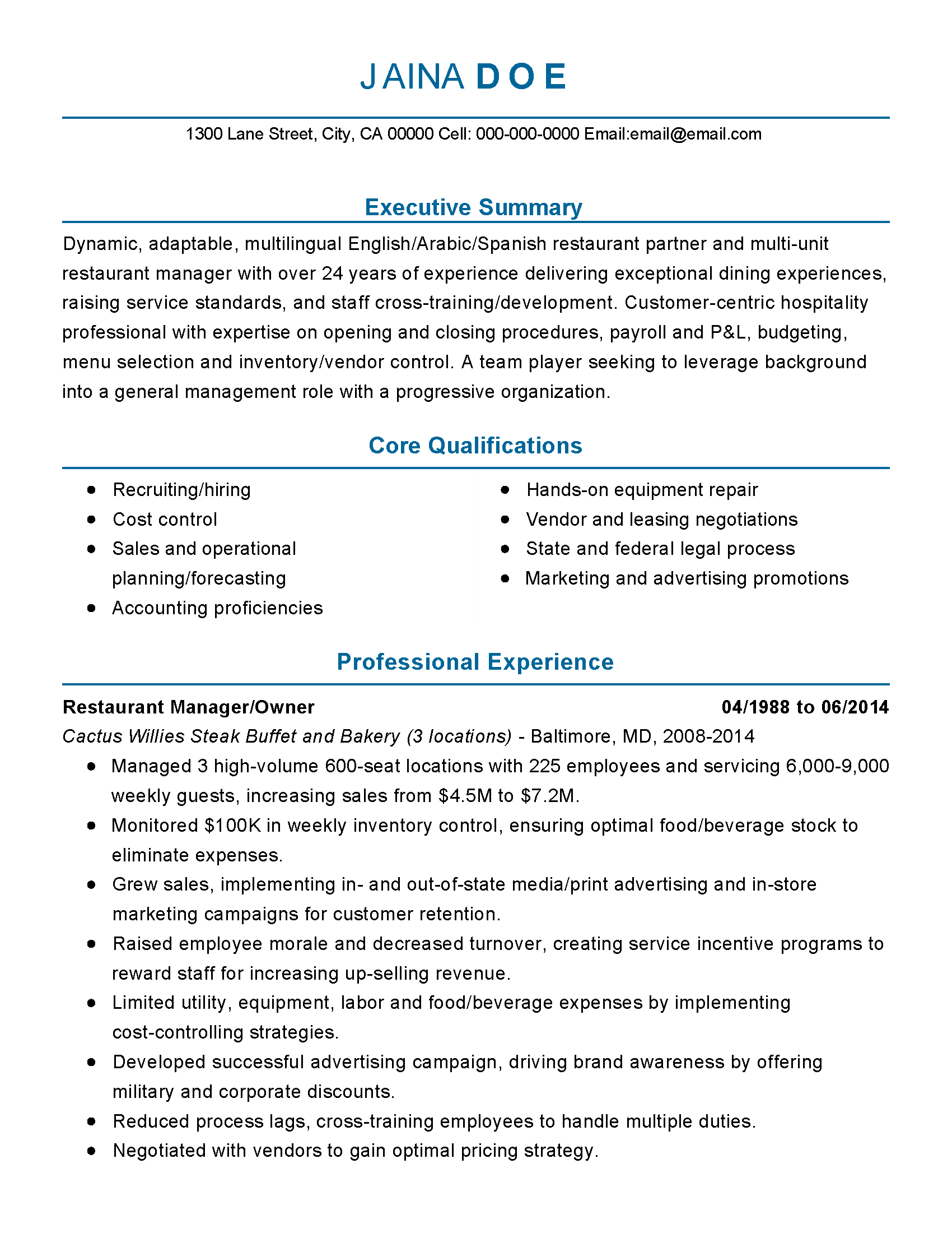 Restaurant Chain Manager Templates  MyPerfectResume Inside Restaurant Manager Job Description Template Intended For Restaurant Manager Job Description Template