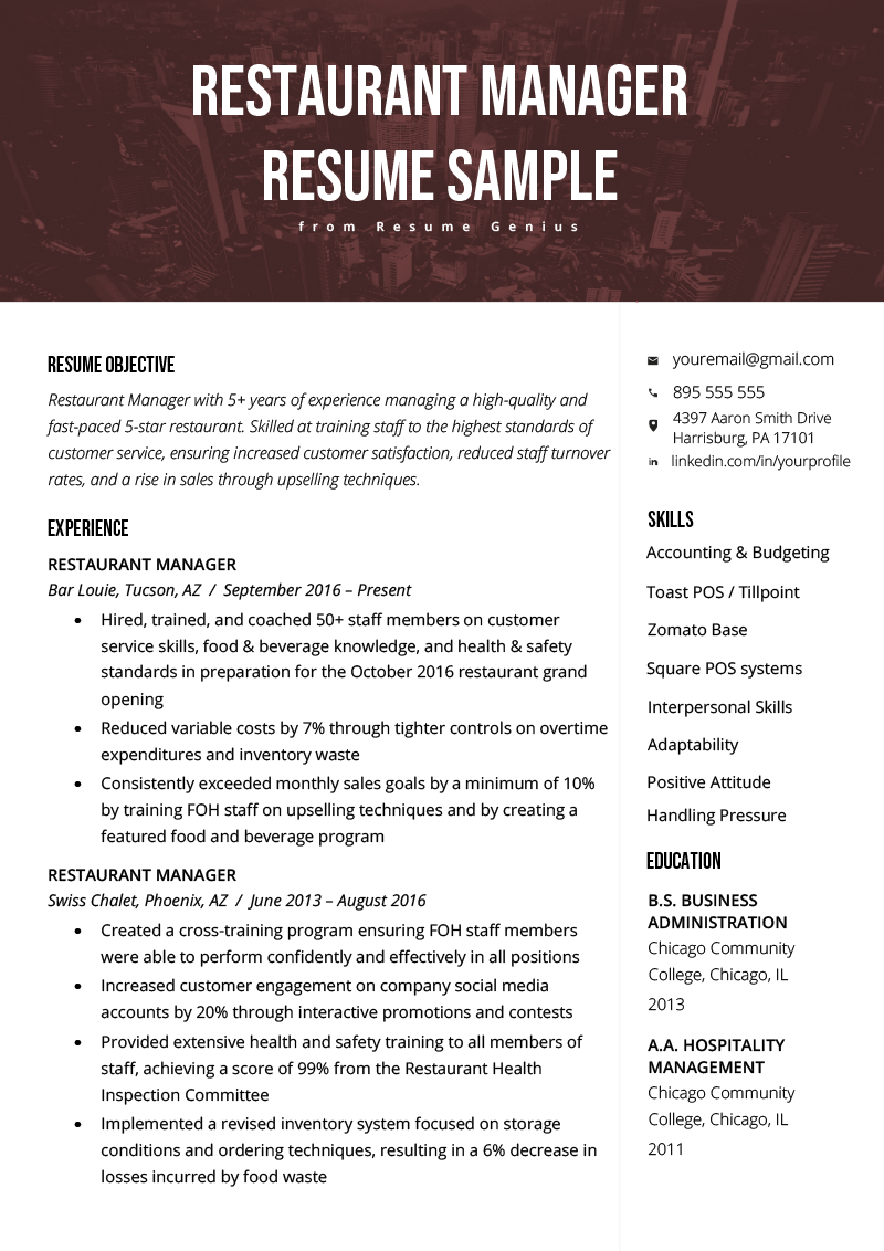 Restaurant Manager Resume Sample & Tips  Resume Genius With Regard To Restaurant Manager Job Description Template