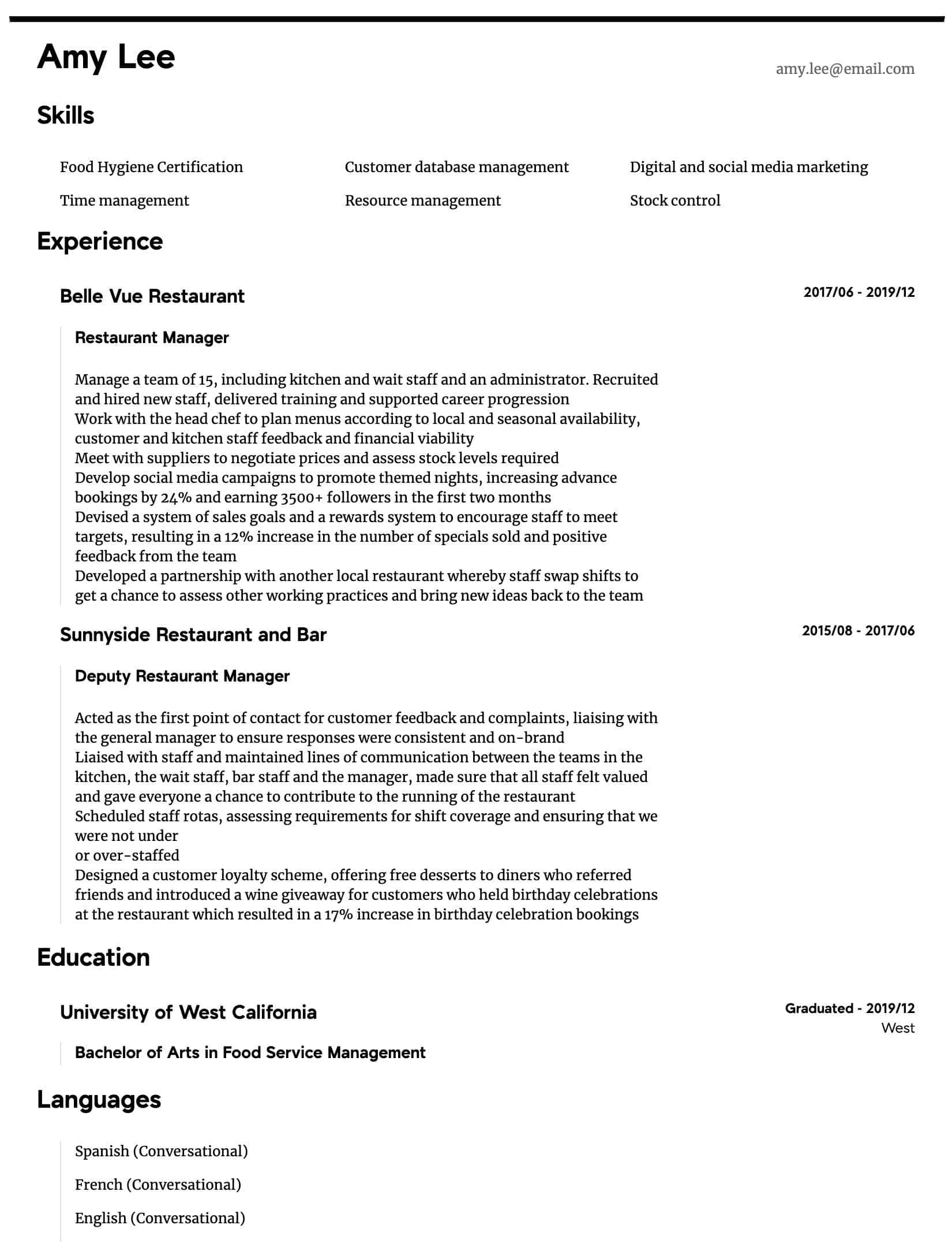 Restaurant Manager Resume Samples  All Experience Levels  Resume  With Restaurant Manager Job Description Template Pertaining To Restaurant Manager Job Description Template