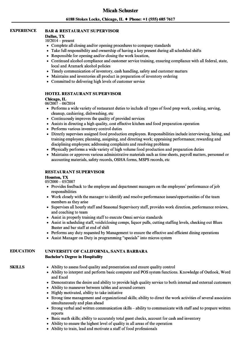 Restaurant Supervisor Resume Samples  Velvet Jobs In Restaurant Manager Job Description Template