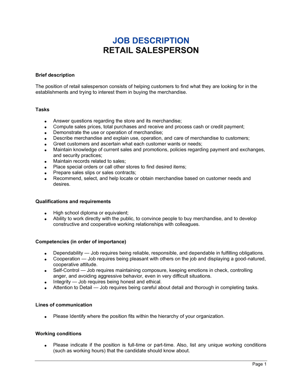 Retail Salesperson Job Description Template  by Business-in-a-Box™ Within Salesperson Job Description Template Within Salesperson Job Description Template