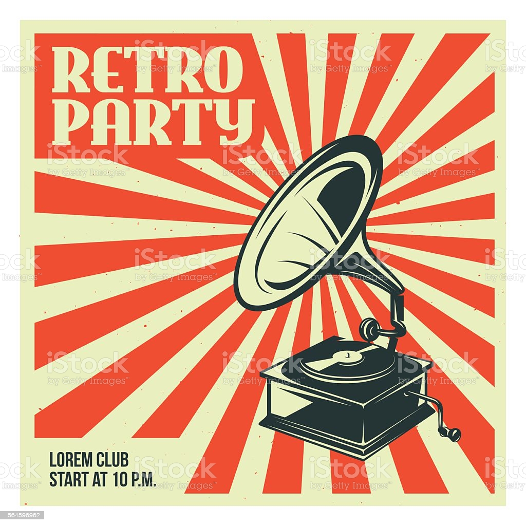 Retro Party Poster Template With Old Gramophone Vector Vintage Illustration  Stock Vektor Art und mehr Bilder von Abstrakt Intended For Old School Flyer Template For Old School Flyer Template